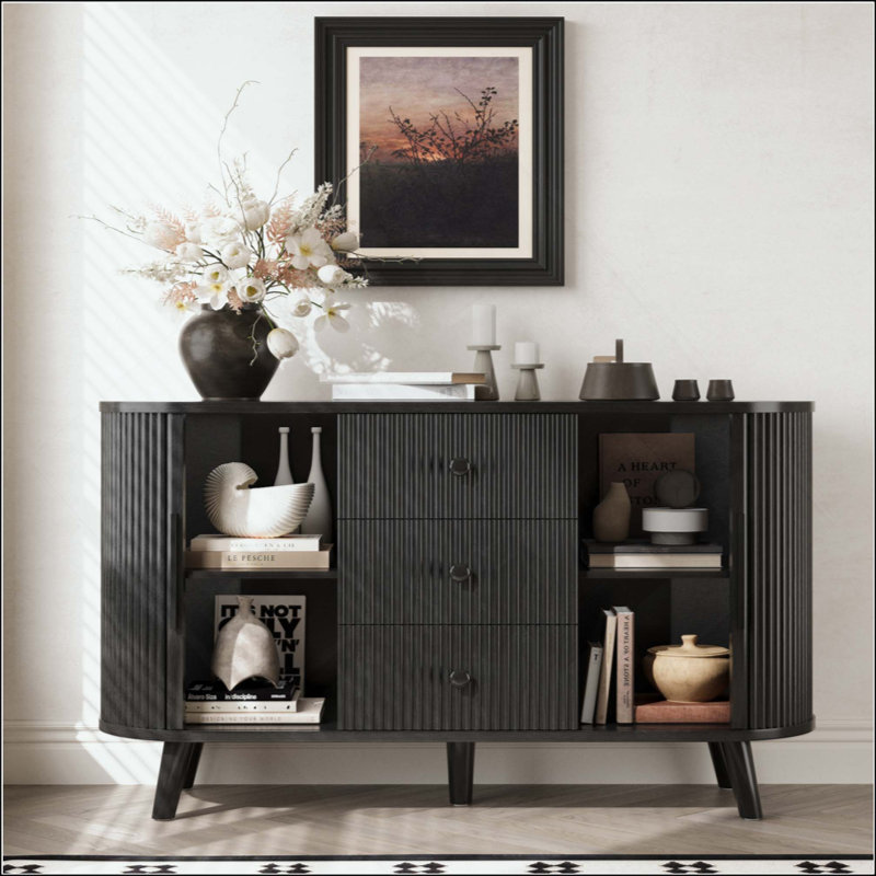 Sideboard Buffet Cabinet With 2 Sliding Tambour Doors And 3 Drawers, Storage Cabinet With Adjustable Shelves For Living Room