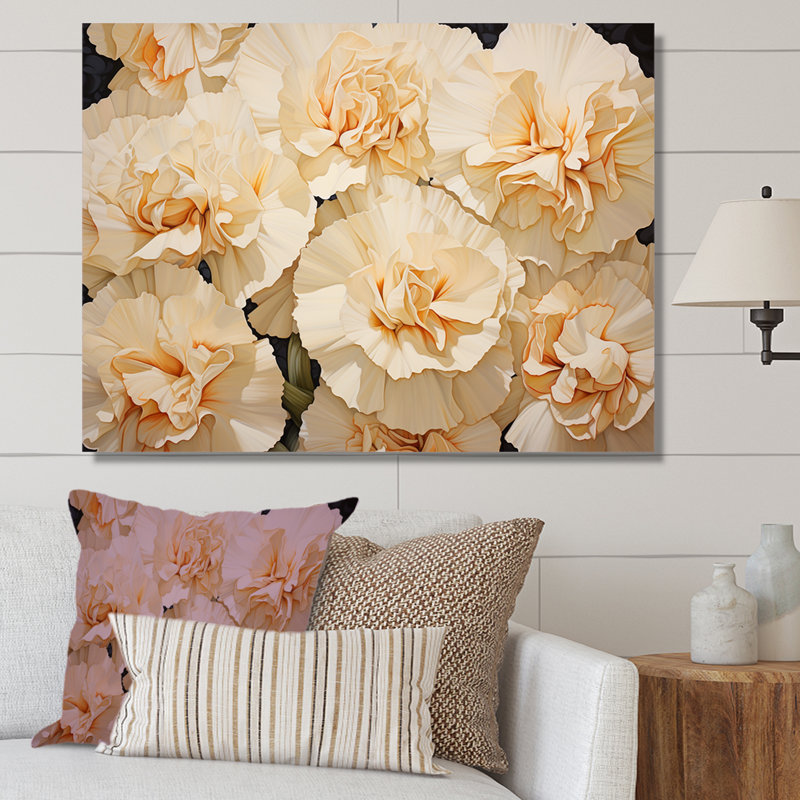 Arrangement d'œillets beiges sur toile, Toile tendue, H 24 po x l 32 po x P 1 po