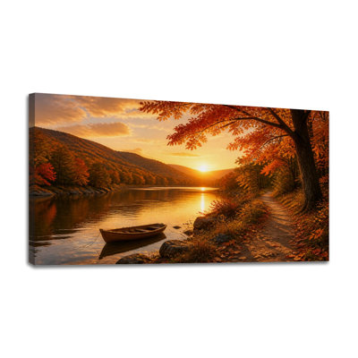 Toile, art mural, coucher de soleil d'automne, rivière, bateau en bois, feuillage vibrant, décoration murale sereine pour le salon, la salle de bain, la chambre à coucher, le bureau, H 24 po x l 48 po, prêt à accrocher