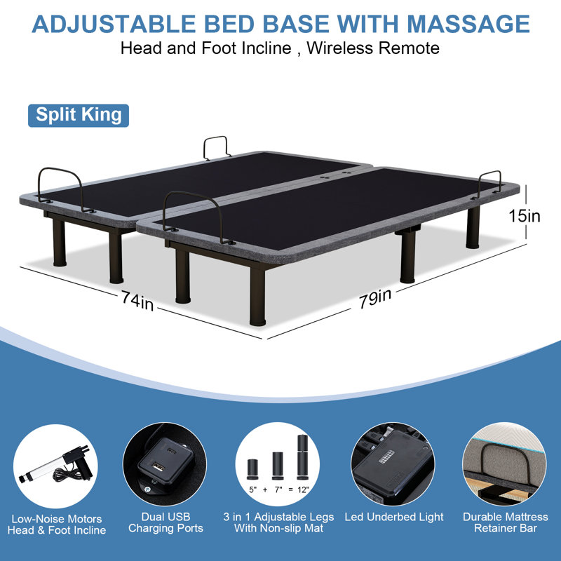 Base de lit intelligente réglable - télécommande, zéro gravité, massage, ports USB, Très grand séparé
