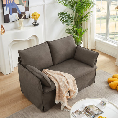 Modern Small Loveseat, 52" Slipcovered Couch with Throw Pillows, Single Seat Cushion Sofa for Living Room, Bedroom, Apartment, Dorm, Brown