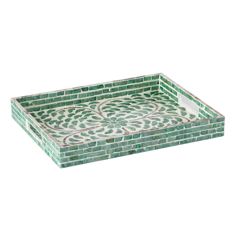 Berty Rectangular Decorative Tray, Mosaic Pattern Green-White Capiz 14X18, 17.7"W x 13.8"D x 2"H, Green/White