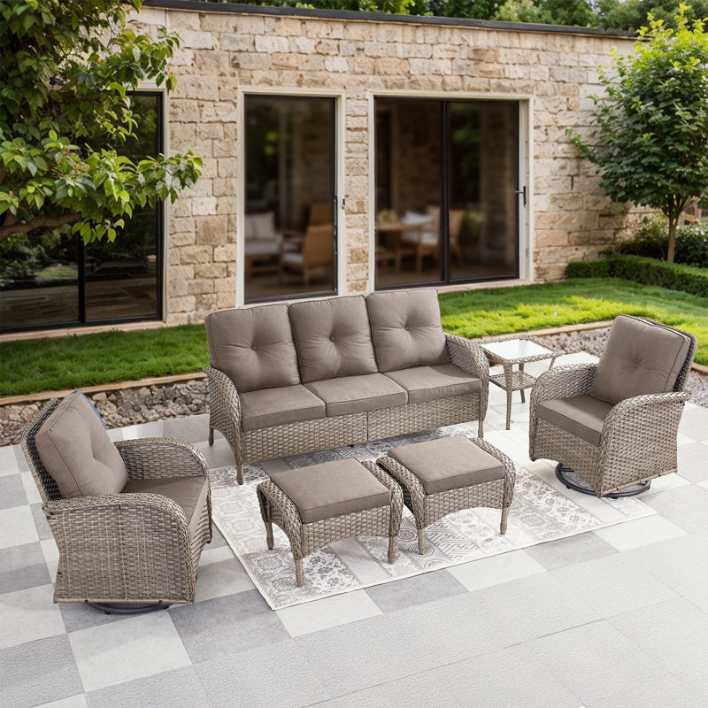 Valierius 6-Piece Outdoor Wicker Patio Furniture With 3 Seat Sofa & Swivel Chair, Coversation Set With Water Resistant Cushions