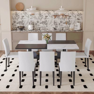 Ensemble de table et de chaises 71 x 35,4 pouces avec table de salle à manger épissée blanche et noire avec fonction de rangement au milieu des pieds de la table.