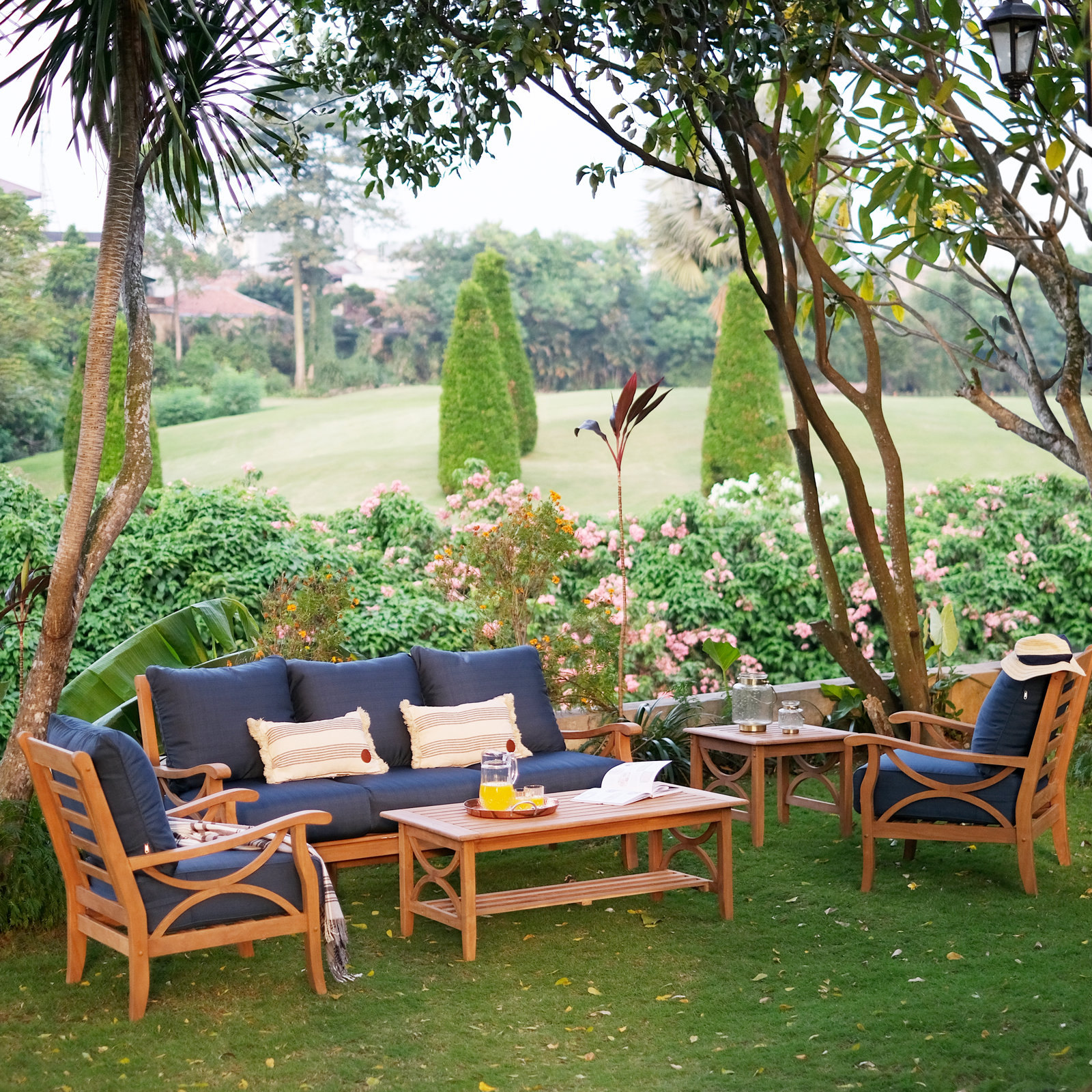 Brunswick 5-Person Teak Patio Seating Group, Brown, Navy Performance Olefin