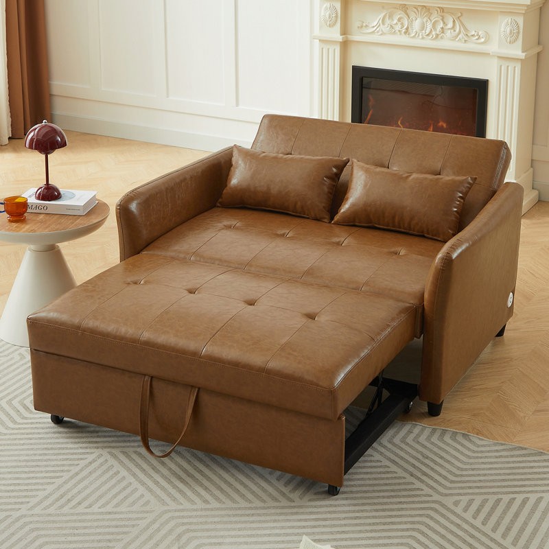 Canapé-lit convertible avec 3 ports de chargement USB, Brown Faux Leather