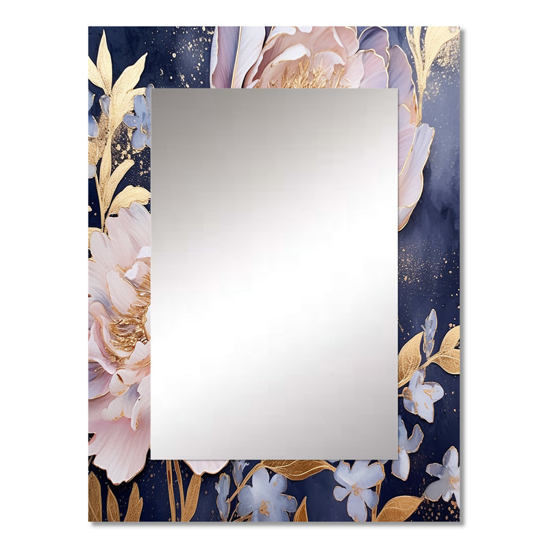 Pink Retro Peonies On Blue - Poppies Large Mirror, Traditional Unique Wall Mirror Decor, Printed Metal Art, 32" x 24"