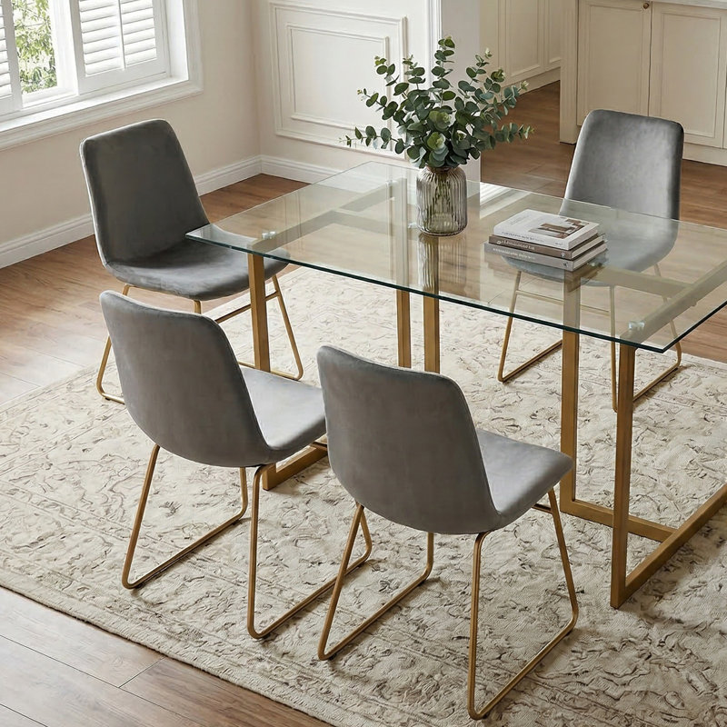 Tariebi 4 - Person Glass Top Double Pedestal Dining Set, Gray/Gold