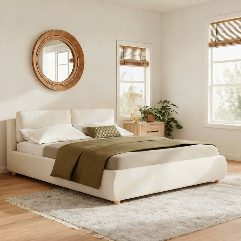 King Size Upholstered Platform Bed With Two Removable Pillow Headboard Boucle Fabric White, Queen