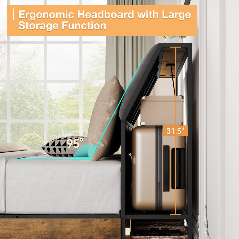 Structure de lit, lit plateforme tapissier avec station de charge et tête de lit ergonomique, Complète, Beige/gris