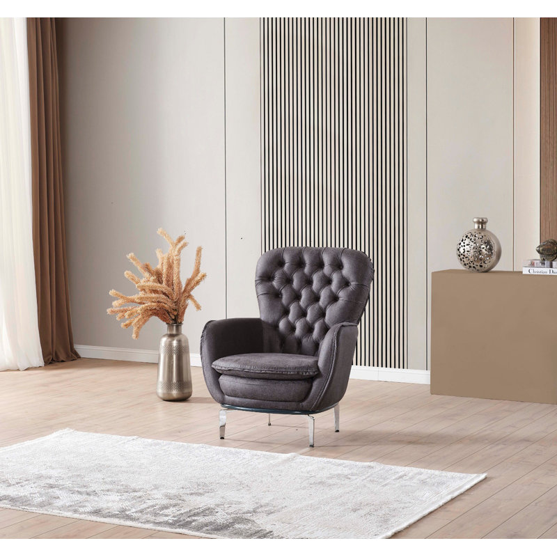 Fauteuil Chesterfield Eve, Argent argent, Noir
