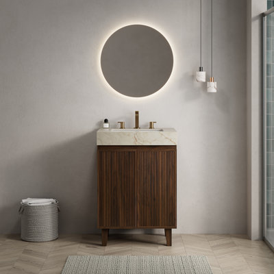 LULA 24Bathroom Vanity&Sink,Freestanding Cabinet,Cream Gold Vein Sintered Stone Top&Ceramic Basin with 3 Pre-drilled Faucet Holes,Disassembled,NO Faucet and Drain Set, Walnut Woodgrain Colour