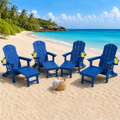 Chaise Adirondack pliante avec repose-pieds Hdpe Adirondack avec porte-gobelets et fente pour téléphone, bleu (ensemble de 4)