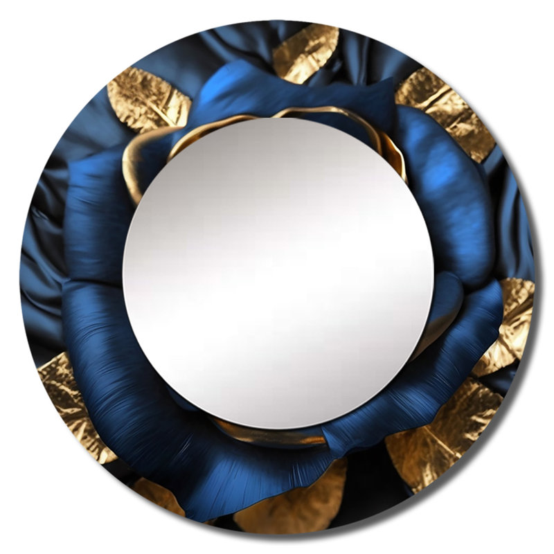 Gilded Rose In Kings Blue I - miroir rose, miroir mural rond traditionnel, impression sur métal, 29 po x 29 po