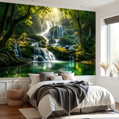 Peel and Stick Wallpaper Serene Waterfall Forest Sunlight Trees Green Wall Murals 69"H x 96"W Removable PVC Wall Paper Self-Adhesive Wall Decor for Bedroom Living Room Home Office