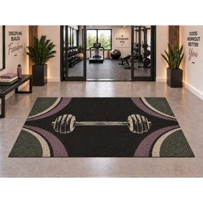 Tapis d'extérieur 5' x 7' à motif d'arches incurvées en forme d'haltère, coloris sauge, lavande, crème et anthracite, style salle de sport, en PVC imperméable et épais, à boucles enroulées, séchage rapide, idéal pour l'intérieur et l'extérieur, pour le conditionnement physique, le porche, la terrasse ou l'entrée.