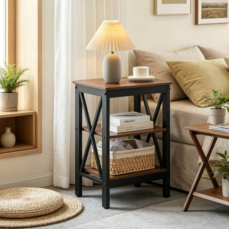 Kempst X-Shaped Nightstand Set Open Shelf 3 Tier Storage Nightstand For Bedroom Living Room, Brown, Set of 2