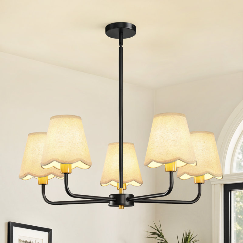 5-Light Modern Dimmable Chandelier With Fabric Shades, Matte Black/Gold