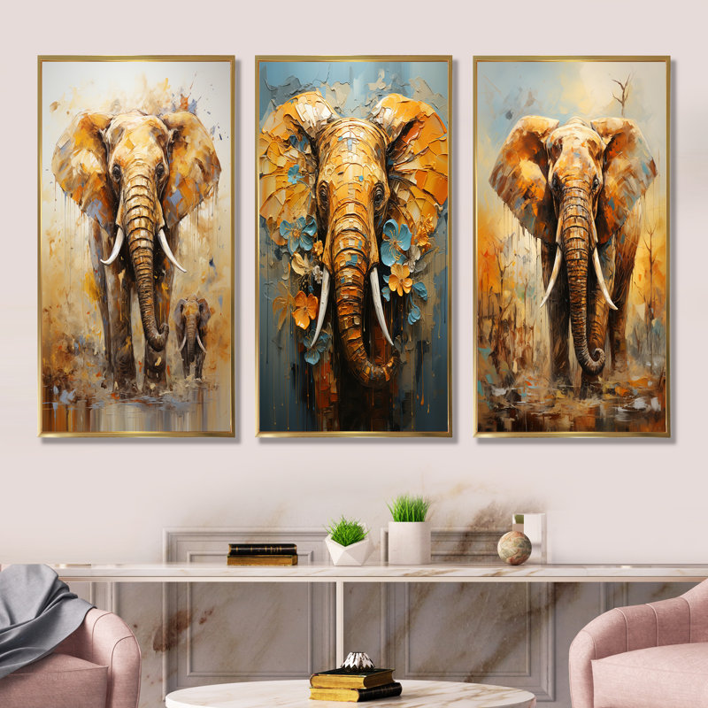 Éléphant, force symbolique, rêves - Éléphant, ensemble d'art mural sur toile, ensemble de 4, Cadre flottant doré