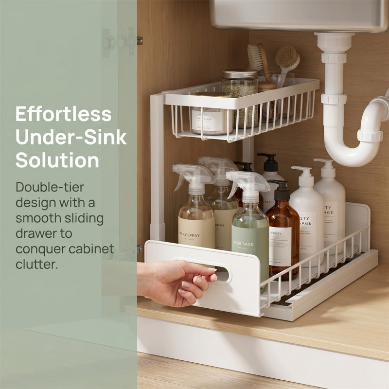 Under Sink Organizer, Pull-Out Cabinet Drawer, Metal Sliding Basket, Kitchen Sink Storage Rack, White, White