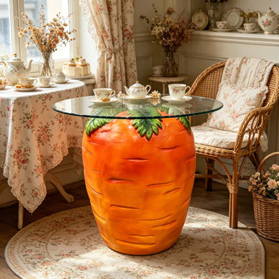 Carrot-Shaped Resin Garden Sculpture Side Table with Glass Top – Whimsical Indoor/Outdoor Accent Piece, 17.7" Tall