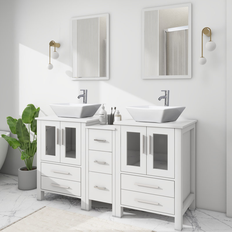 Meuble-lavabo double 60 po avec comptoir en bois manufacturé, lavabo vasque, robinet et bonde , Blanc