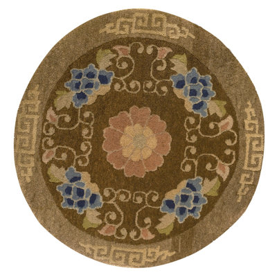 Antique Chinese Peking Small Scatter Size Wool Pile Brown, Camel Round Rug