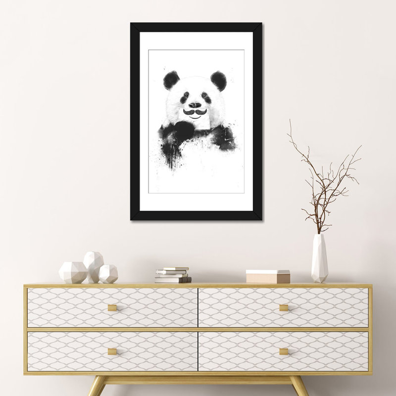 «Funny Panda», impression sur toile tendue, Papier d'art encadré noir, Blanc, H 24 po x l 16 po x P 1 po
