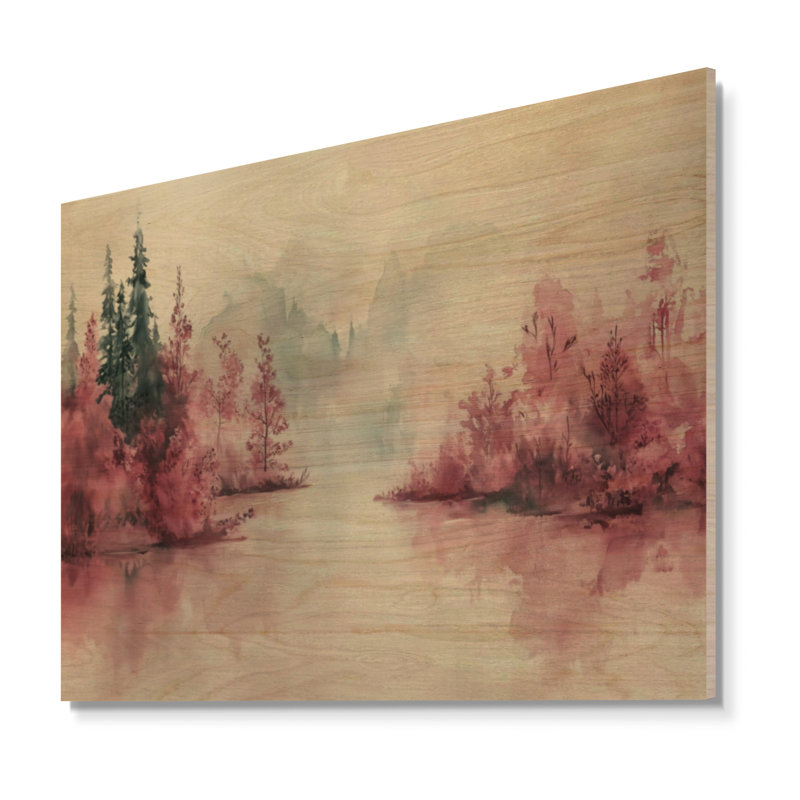 Forêt rose au bord du lac - Art mural en bois naturel, H 18 po x l 24 po, Rectangle