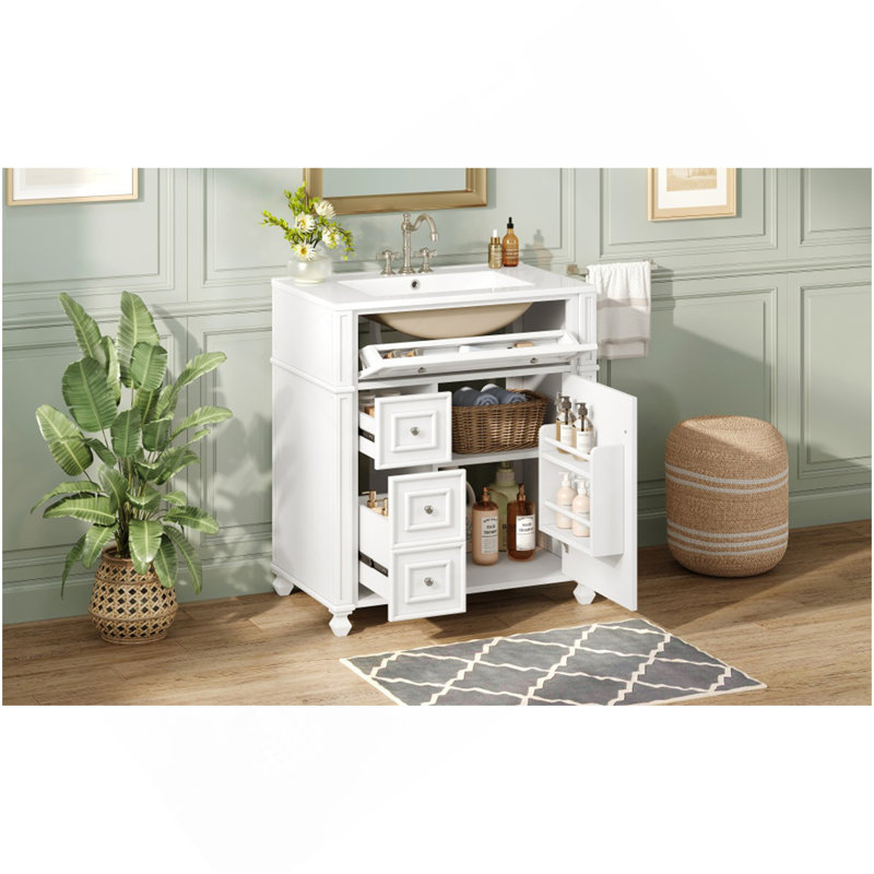 Bathroom Vanity Cabinet With Ceramic Sink Basin, 30 Inch, Storage Cabinet With Soft Close Doors And Door Organizer, White