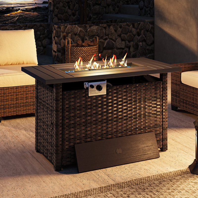 Outdoor Propane Gas Fire Pit Table,  50,000 BTU Rectangular Rattan Fire Pit with Lid, Hidden Tank Storage, Brown