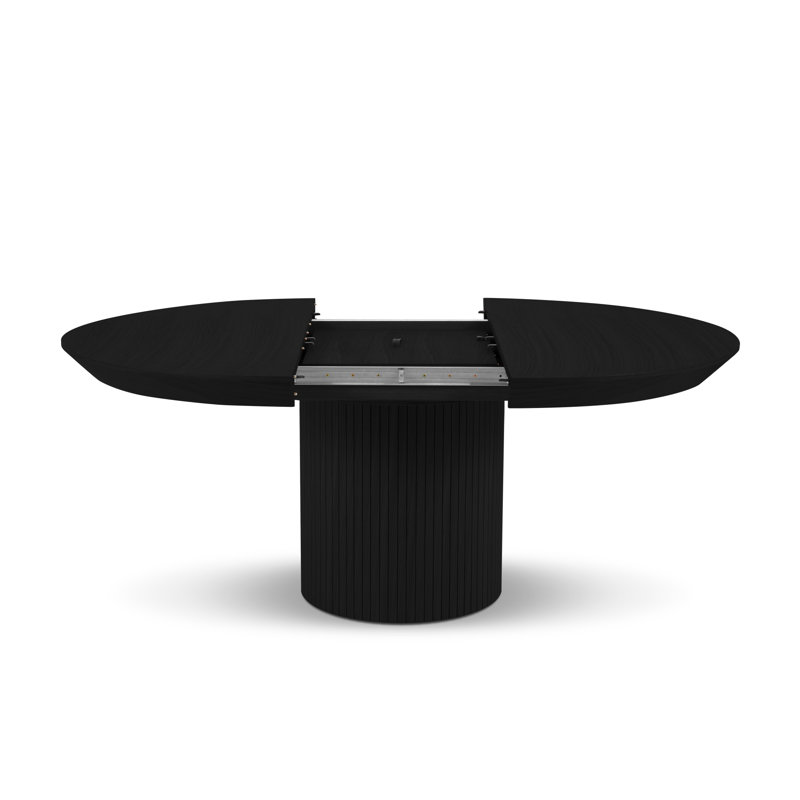 Round Solid Wood Pedestal Dining Table, Black Oak Veneer/Black Oak, Black Oak