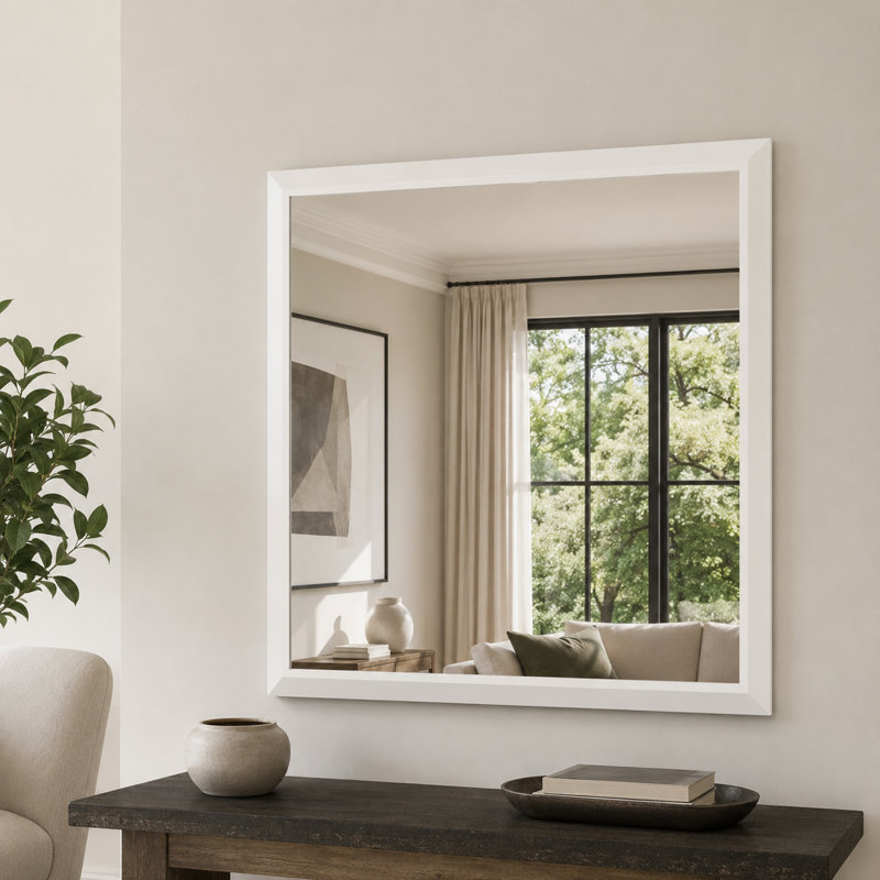 Miroir de salle de bain en verre trempé avec cadre en aluminium blanc et bord biseauté, 36" x 36"