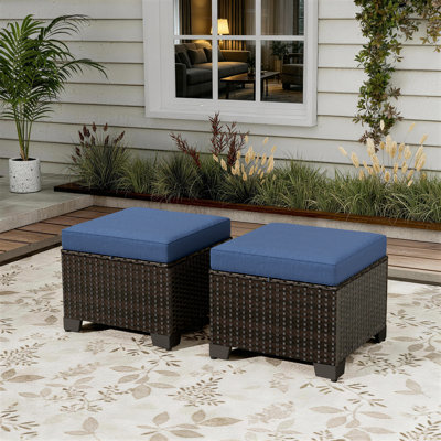 21.5"W Outdoor Wicker Ottomans With Cushions, Set Of 2 Patio Footrests With Adjustable Feet