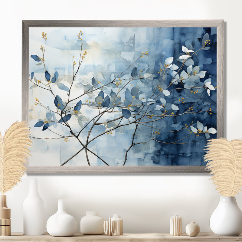Art mural bleu et gris sur une branche I - Feuilles, Cadre simple argenté, H 16 po x l 32 po x P 1 po