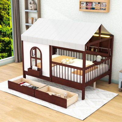 Full-Size House Bed with Safety Guardrails and Integrated Charging Station,Drawers,Shelves