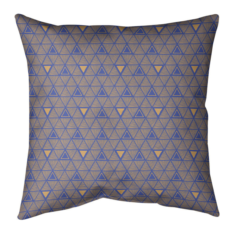 Coussin décoratif intérieur / extérieur dessiné à la main Triangles, 16 po x 16 po, Bleu/orange, Polyester filé