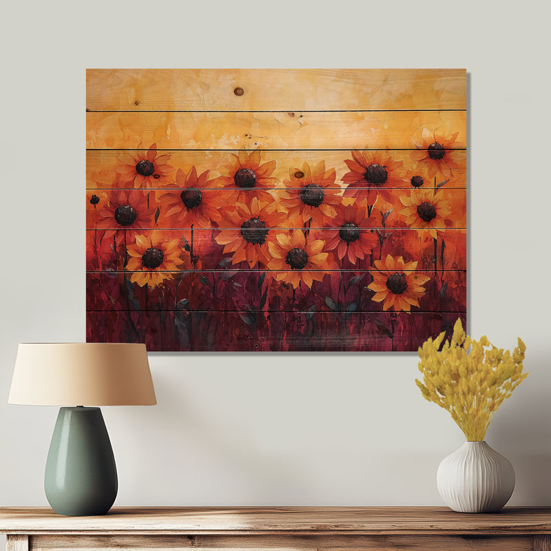Vivid Red Sunset Hues Sunflowers Filed II - Sunflowers Wood Wall Decor - On Natural Pine Wood, 30" H x 40" W x 0.78" D