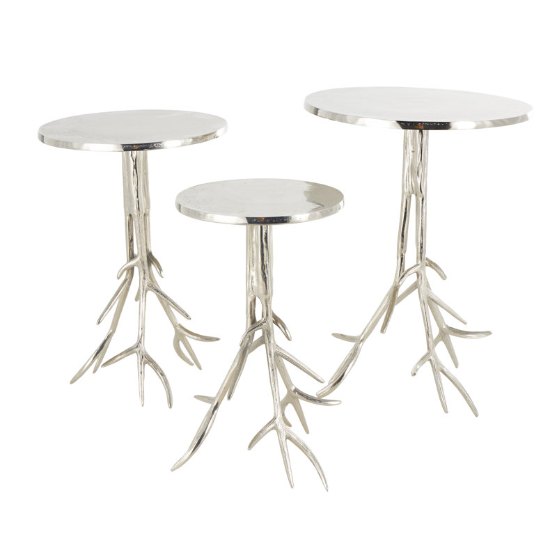Rosalyn Aluminum Metal Side End Silver Accent Table with Textured Tree Branch Legs Set, Silver