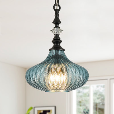 3-Light Black Pendant Light Fixtures with Blue Glass Shade for Kitchen Island Dining Room Hallway Entryway