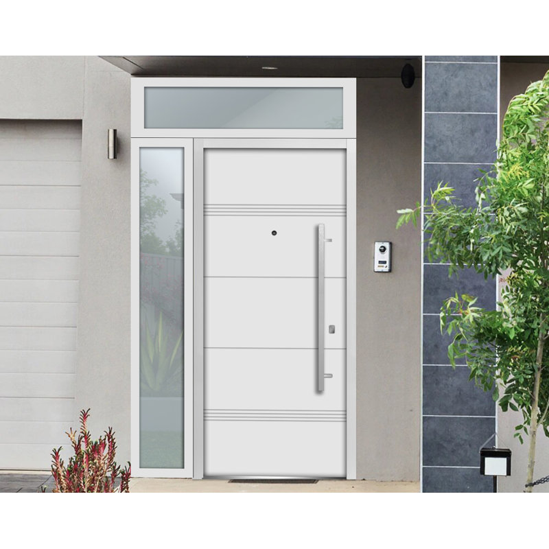 Porte avant en acier pré-suspendue à l'avant / deux en émail blanc 1705 / fenêtre extérieure latérale et supérieure noire / inserts en acier inoxydable peints simples modernes - l 36 po x H 80 po + 16 po - Gauche