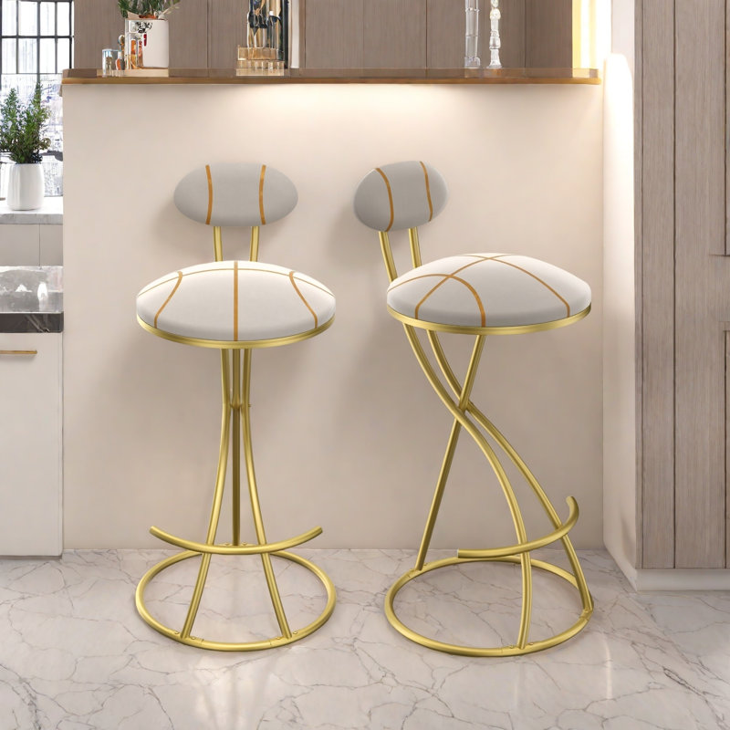 Ensemble de 2 tabourets de bar ronds modernes avec dossier en velours et structure en métal, Doré
