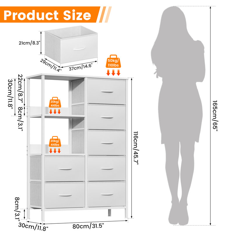 30 cm W Chest of 7 Drawers, White