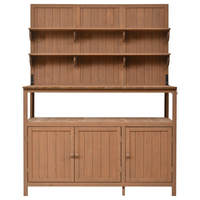 Potting Bench with Hutch, Solid Fir Wood Garden Workstation, Large Countertop, 2 Shelves, 2 Cabinets, 3 Side Hooks