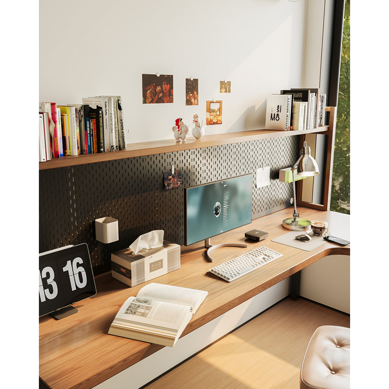 Bureau en bois massif en forme de L avec panneau perforé, H 29,53 po x l 70,87 po x P 47,24 po