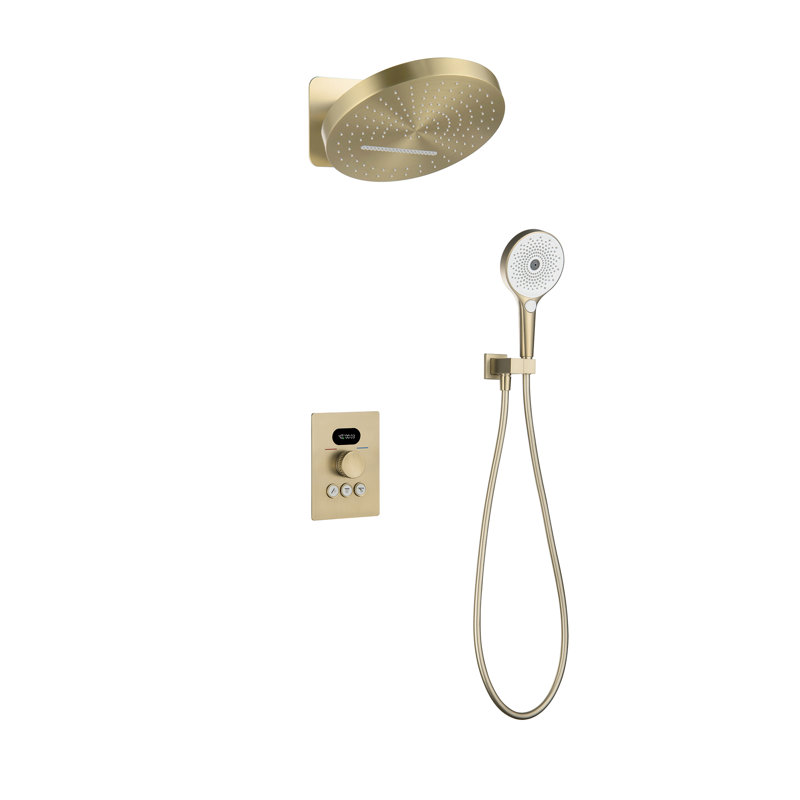 Thermostatic Rainfall Full Body Shower System, Temperature Display 2 Modes Rainfall Shower Head and 3 Modes Hand Shower with Rough-in Valve