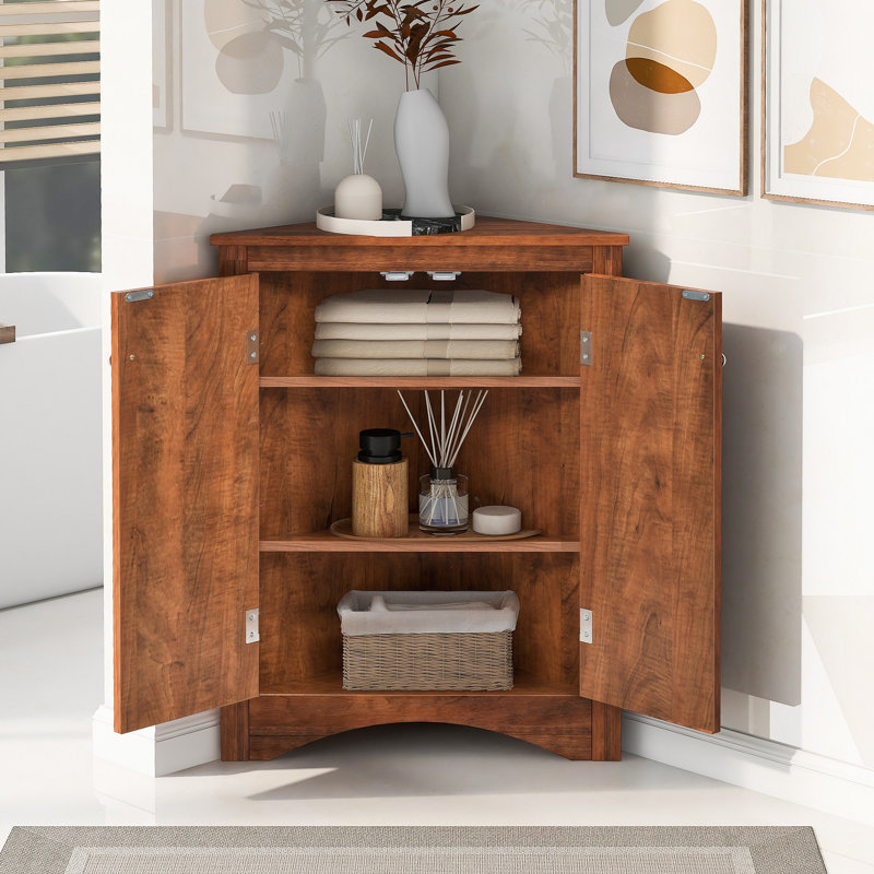 Triangle Bathroom Storage Cabinet With Adjustable Shelves, Freestanding Floor Cabinet For Home Kitchen, Brown