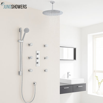 Juno 8" New Thermostatic Ceiling Mount Rain Shower System with 6 Jetted