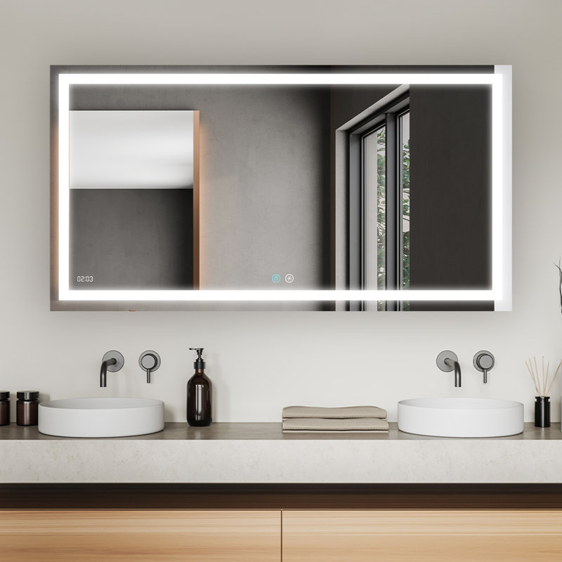 Miroir mural DEL Daytona pour salle de bain avec éclairage 3 couleurs, commande tactile, variateur et fonction antibuée, horloge numérique.