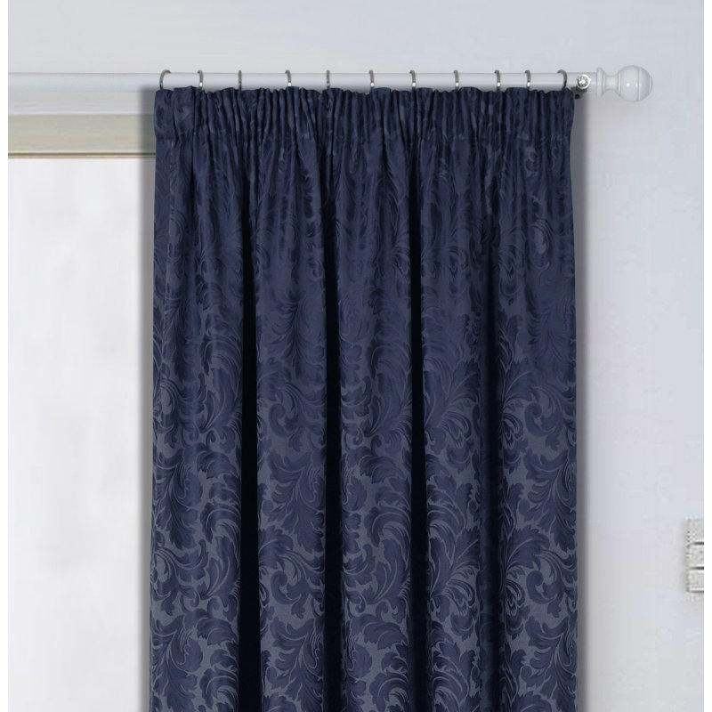 Hallas Pencil Pleat Damask Jacquard Curtains, Navy, 229 W x 183 D cm